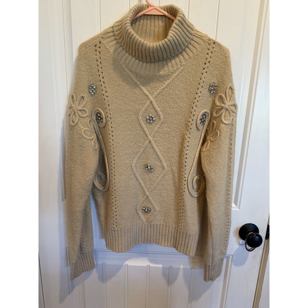 On Twelfth Sweater Womens XL Beige Rhinestone 3D Floral Applique Turtleneck